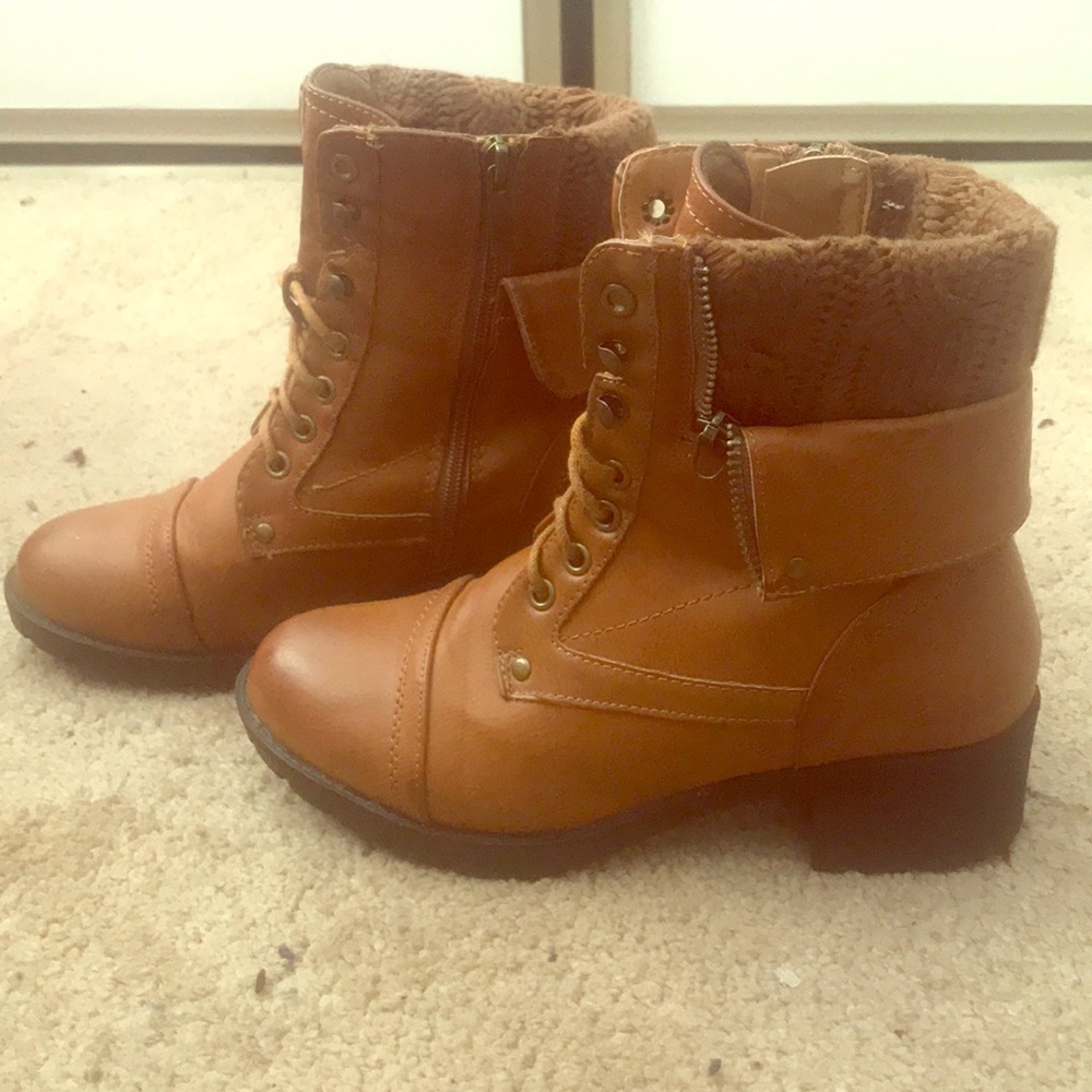 Copper color boots with zippers & knit ankle trim